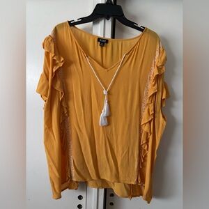 Ana Women's Yellow Ruffle Top White embroidery and tassels XL